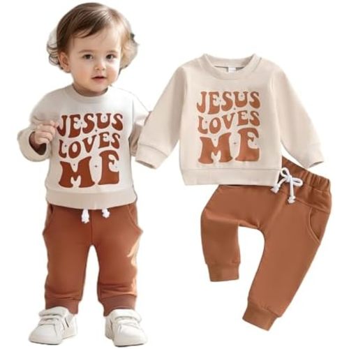 Baby Boy Christian Outfit Jesus loves Me Long Sleeve Sweatshirt Jogger Pants Set Cute Infant Church Baptism Clothes