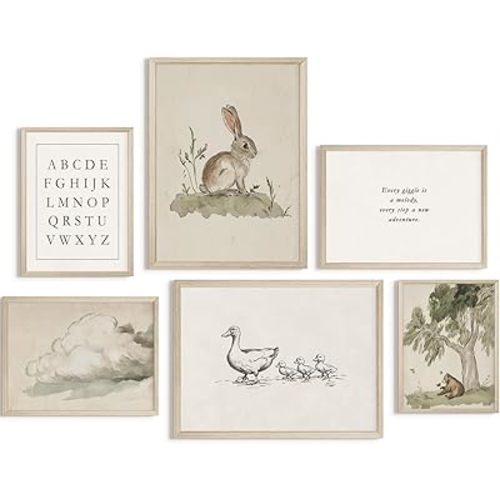 Vintage Nursery Wall Art Kids Canvas Prints Baby Boys Wall Decor Animal Pictures Bunny Poster Neutral Children Prints Duck Painting Woodland Bear Artwork for Farmhouse Bedroom 8x10 Inch Wood Framed