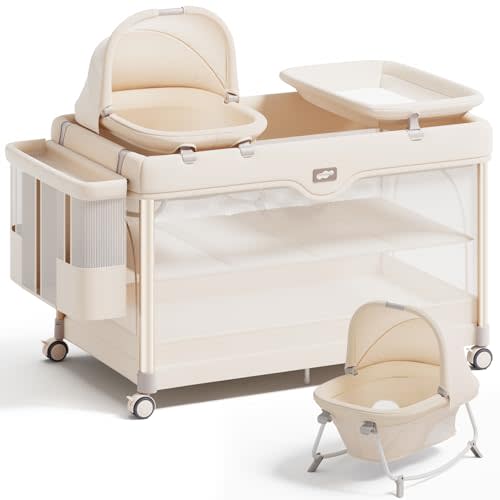 Pamo Babe 6-in-1 Pack and Play with Bassinet – One-Step Setup Baby Bassinet, Portable Playard, Travel Crib with Mattress, Changing Table, Storage Bag & 4 Wheels Travel Playpen for Baby (Beige)