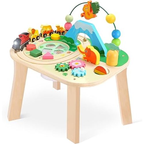 wingyz Activity Table for 1 Year Old Toddler, 9-in-1 Multi-Colorful Wooden Montessori Toys, Baby Play Table with Bead Maze Shape Sorter Train Toy, Educational Gifts for Kids Boys Girls
