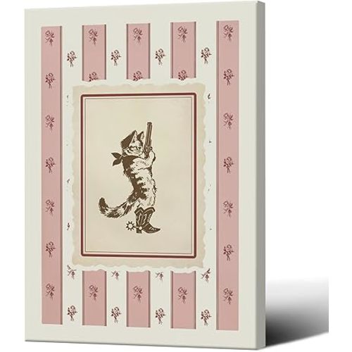 Cowboy Cat Wall Art,Vintage Cowboy Animal Poster,Pink Stripes Flowers Canvas Print,Whimsical Western Country Nursery Wall Decor For Bedroom Living Room 12X18 in Unframed