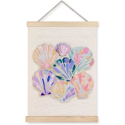 URLLUAE Coastal Beach Wall Decor, Coastal Colorful Seashell Wall Art With Wooden Poster Hanger, Ocean Wall Decor, Beachy WallDecor Posters for Home Bedroom Living Room, 12x16 Inches