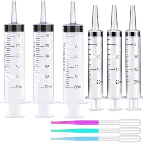 6 Pack 20 mL and 60 mL Plastic Liquid Dispensing Syringes Without Needles with Transfer Droppers for Lip Gloss, Glue, Resin, Ink, Oil and Lab Liquid Transfer ( 6 Pack )