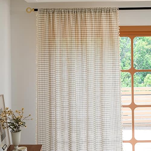 Light Brown Plaid Curtains 84 Inches Long 2 Panels Living Room Semi Sheer Drapes Rod Pocket Dining Room Farmhouse Tassel Window Curtain Panels Country Boho Bedroom Cute Window Treatments