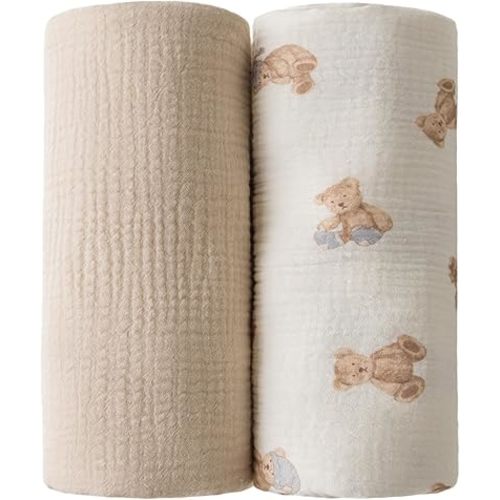 Muslin Swaddle Blankets for Newborn -100% Cotton Soft Receiving Blankets - 2 Pack Teddy Bear Print Nursery Gift for Baby Girls(Teddy Bears -C)