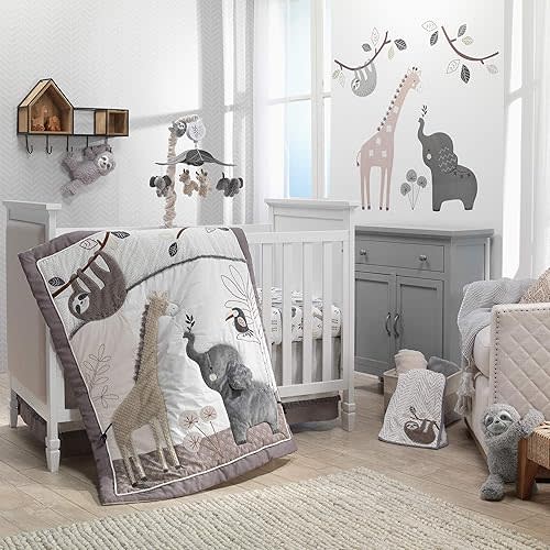 Lambs & Ivy Baby Jungle Animals 4-Piece Gray/White/Taupe Crib Bedding Set