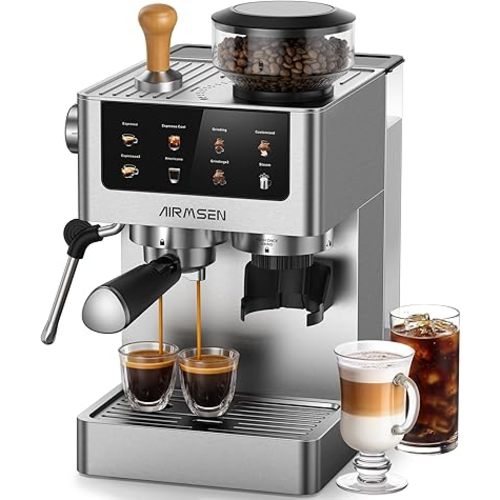AIRMSEN Espresso Machines with Burr Grinder, 20 Bar, Milk Frother Steam Wand, Stainless Steel Coffee Maker for Home - Cappuccino Latte & Cold Brew Iced Coffee Maker & Americano