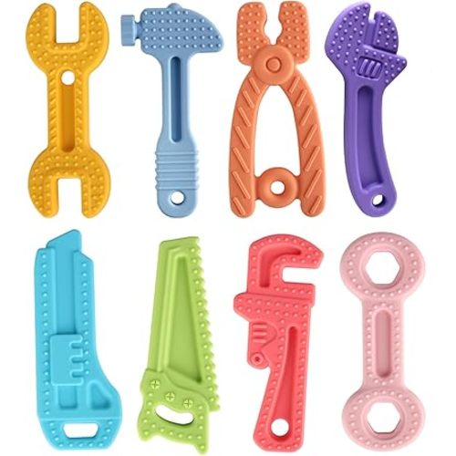 Fu Store 8 Pack Soft Silicone Teething Toys for 0-12Months 6-24 Months Toddlers Infant Hammer Tools Shape Baby Teethers Relief Soothe Babies Gums Set