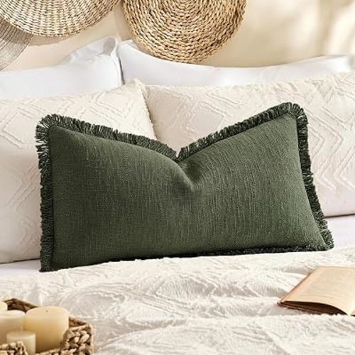 Kevin Textile 12x20 Inch Lumbar Pillow Cover 1 Pack Boho Fringe Decorative Rectangle Cushion Case with Tassels Neutral Cotton Woven Textured Farmhouse for Living Room Couch Sofa Bed, Olive Green