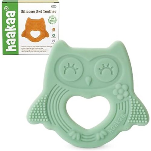 haakaa Silicone Owl Teether,Food-Grade Smiling Teething Toy for Infants, Soft Chew Toys for Babies, BPA Free, Toy for 3 Months+,Pea Green