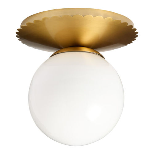 Milk Glass Orb and Metal Scalloped Flush Mount Ceiling Light