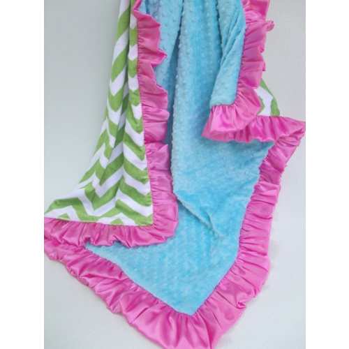 Personalized Kiw Green, Hot Pink, and Turquoise Minky Baby Blanket, ske 59