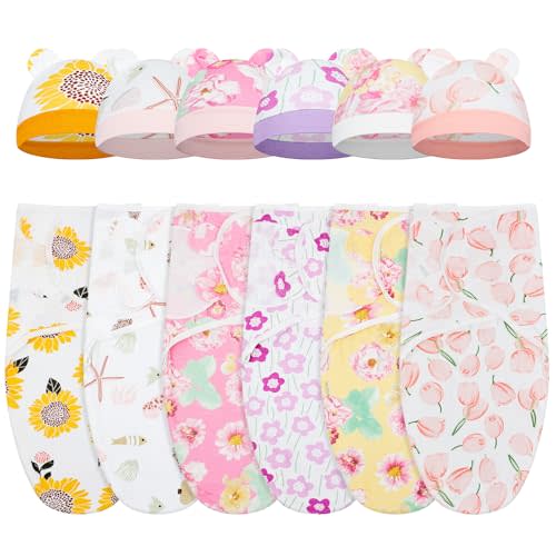 Ramede 6 Pack Swaddle Blanket with Hats for Baby Girl Boy 100% Cotton Swaddles 0-3 Months, Adjustable Breathable Skin Friendly Receiving Blanket Wrap, Essential for Newborns(Flower,Colorful)