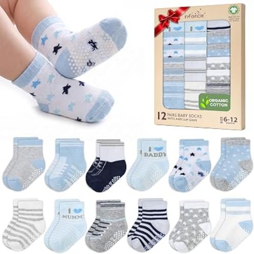 GOTS Organic Cotton Blend 12 Pairs Baby Boy Socks Newborn 6-12 M Non Slip