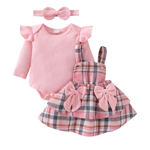 FOCUTEBB Baby Girl Clothes Fall Winter Outfit Long Sleeve Ruffle Romper Plaid Skirt Bow Headband 3 Pcs Set 0-18 Months