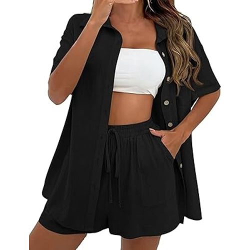 QIBABU Women's Linen Shorts Sets 2 Piece Summer Short Sleeve Top and Shorts Sweatsuit Set Vacation Beach Outfits