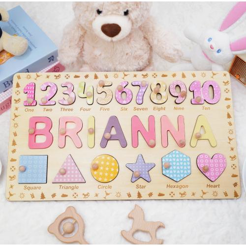 Personalized Wooden Name Puzzle with Shapes & Numbers • Custom Toddler Puzzle Gift • Montessori Learning Toy • Baby Keepsake