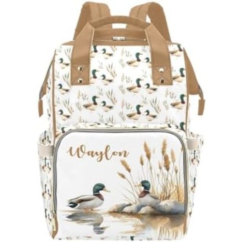 Personalized Baby Diaper Bag with Name, Customized Mallard Diaper Backpack for Boys Girls, Custom Travel Backpack Wild Duck Daypack Shoulder Bag for New Mom Mommy