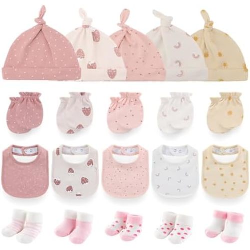 Newborn Baby Cap Mitten Sock Bib Set Soft Cotton Infant Boy Girl Essentials Accessories(Hats+Gloves+Bibs+Socks)