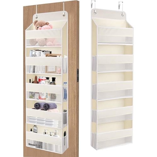 QINGUANG Over The Door Organizer,Hanging Organization and Storage, Behind Door Organizer with Side Pockets, 44 lbs Capacity,Anti Tilt, for Nursery, Bathroom, Bedroom,Dorm 5-Shelf Beige