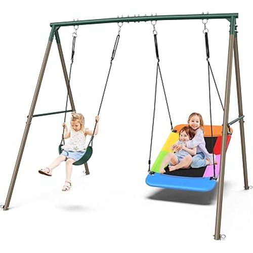 Hapfan Swing Sets for Backyard with 45" Platform Saucer Swing and Belt Swing, 440 lbs Swingset Outdoor for Toddler and Kids 3-8 Backyard