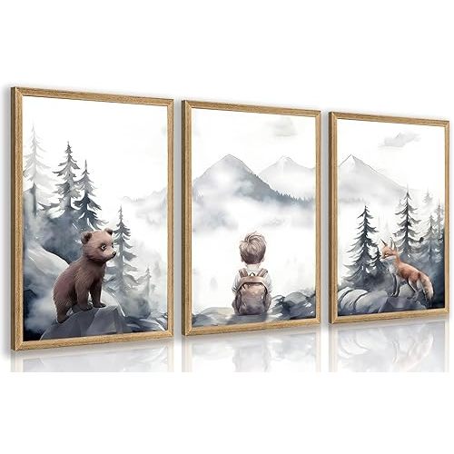 kilamino Neutral Woodland Wild Animal Wall Art, Cute Bear Fox Nursery Wall Decor, Adventure Boy Poster Prints, Vintage Forest Animal Canvas Paintings for Baby Room Playroom Wood Framed 12"x16"x3