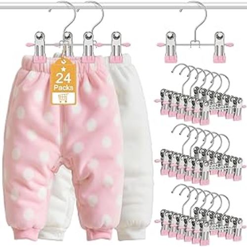 Eunhdet 24 Pack Baby Hangers with Clips, 360°Rotatable Toddler Pant Hangers with Clips, Non-Slip Space Saving Kids Hanger for Newborn Children Clothes Skirts Boots Closet Organizers, Pink