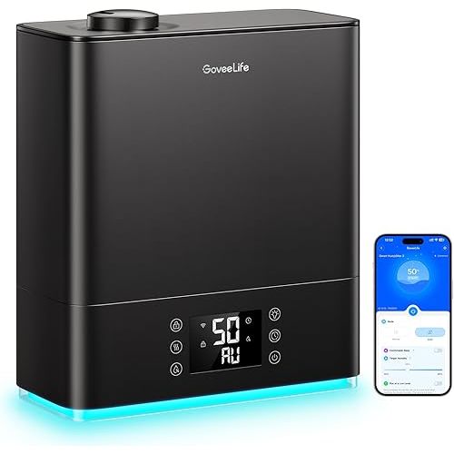 GoveeLife Smart Humidifiers for Bedroom Large Room, Top-Fill Cool Mist 6L WiFi Air Humidifier, Auto Mode, App & Voice Control, 60H Runtime, Rapid Humidification, RGB Nightlight Baby Plants, Black