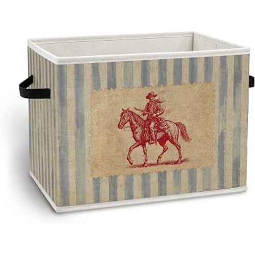 Blue Striped Western Cowboy Storage Bin Box with Handles, Vintage Country Cowboy Riding Horse Foldable Organizer Basket for Bedroom Bathroom Home Clothes Toys Books