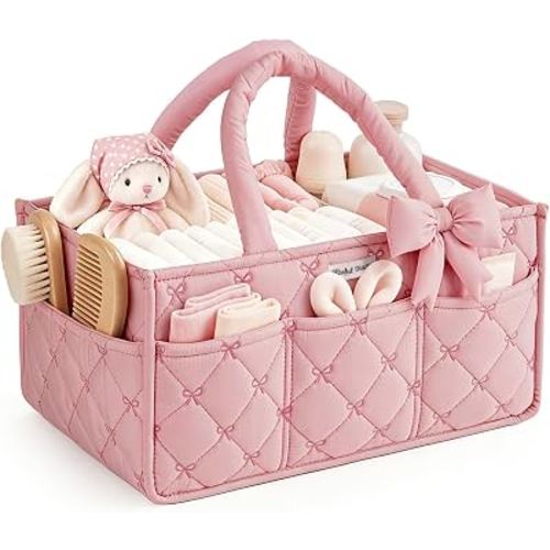 Blissful Diary Baby Diaper Caddy Organizer, Nursery Basket, Bow Light Pink | Portable Storage Basket with Removable Dividers, Gift for Baby Shower, Newborn Boy & Girl Essentials, Baby Registry Must Have