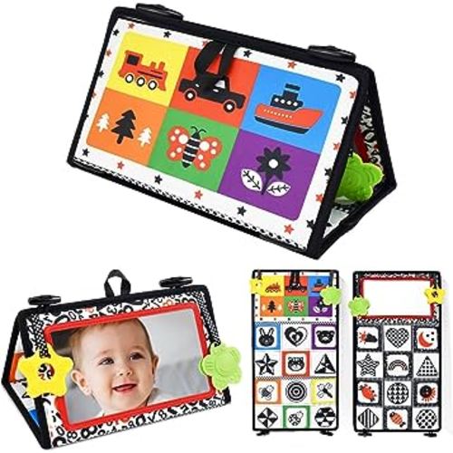 Dr.Rapeti Tummy Time Floor Mirror for Baby Infant Toddler Kids Black and White High Contrast Baby Toy with Teethers Floor Activity Toy Washable Non-Toxic