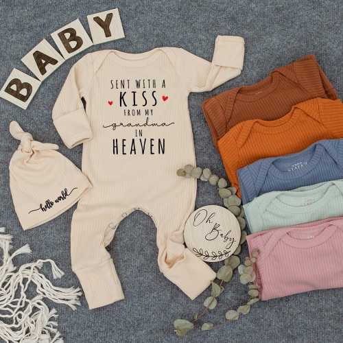 Sent With A Kiss By My Grandma In Heaven Baby Bodysuit, Custom, Baby Shower Gift, Guardian Angel, Feather, Birds, Present Ribbed Gift Box