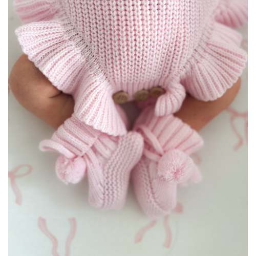Baby pink pompom knit booties newborn – Penny and Co Collections
