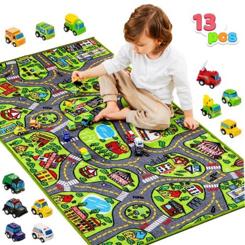 Joyfy Kids Car Play Rug for Playroom, Durable Toddler Car Track Play Mat Rug, Car Carpet with 12 Pull-Back Vehicle Set - City Pretend Play