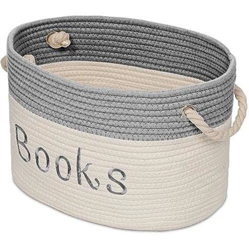 Embroidered Tote Bin - Storage Basket for Nursery - Large Storage Box - Organizing Bedroom, Closet, Classroom (White Book Basket)