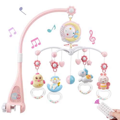 BOBXIN Baby Crib Mobile for Girls with 150 Music & Projector | Timing, Night Light, Rattle & Musical Box Take Along, Remote Control, Baby Mobile for Crib Bassinet