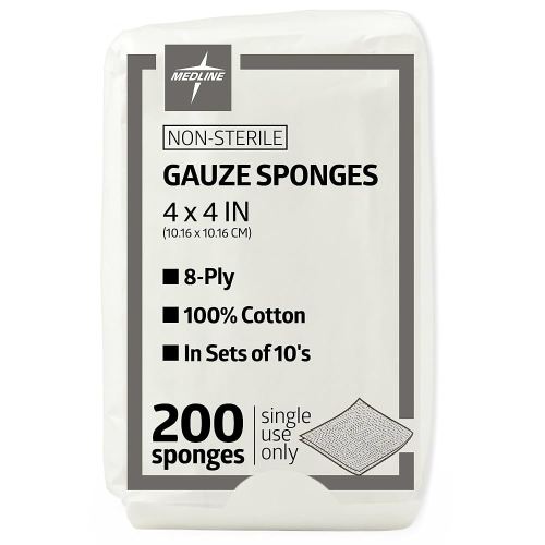 Medline 4 x 4 inch Gauze Sponges, 100% Cotton, 8-Ply Woven Non-Sterile Gauze (Pack of 200)