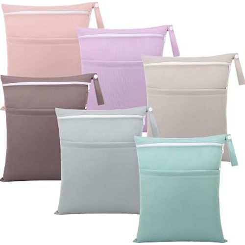 SATINIOR 6 Pack Wet Dry Bags for Baby Cloth Diapers Washable Travel Swimsuit Wet Bags Reusable with Two Zippered Pockets for Yoga Gym Beach Pool Soiled Items (12" X 14",Fashion Color)