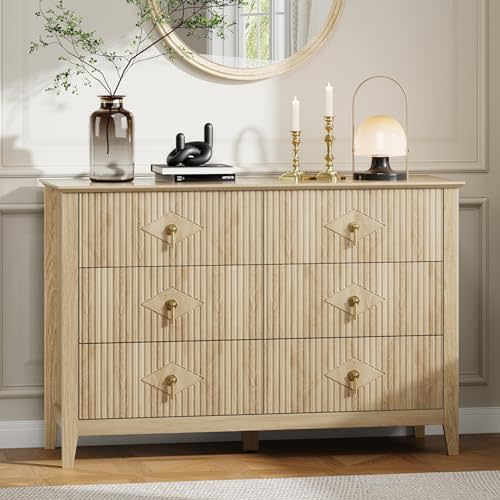 GarveeHome Fluted Dresser for Bedroom, 47.2 Inch Wide 6-Drawer Wood Dresser, Modern Chest of Drawers, Storage Organizer Cabinet for Living Room, Hallway, Entryway, Natural Oak