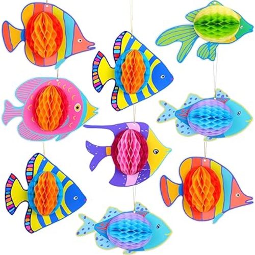 Skylety 9 Pcs Under The Sea Party Decorations Ocean Themed Animal Honeycomb Hanging Centerpiece Large Tropical Fish Decor Mermaid Creatures Supplies for Beach Hawaiian Luau Baby Shower Birthday Party