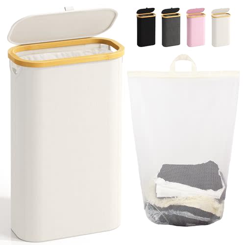 Bathola Slim Laundry Hamper with Lid, 75L Small Laundry Basket, Beige | Dirty Clothes Hamper for Laundry with Handle&Removable Bag, Bamboo Laundry Basket Organizer for Bedroom, Laundry Room, Dorm