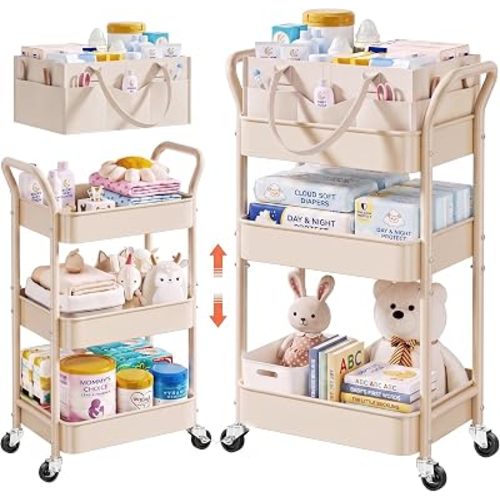Beige 3 Tier Rolling Diaper Caddy Cart with Wheels and Detachable Dividers