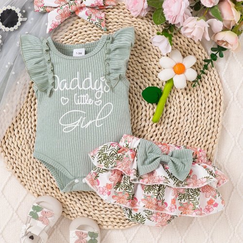 3pcs Girls' Spring/Summer Green Letter Print Short Sleeve Crop Top and Floral Shorts Casual Set, Perfect for Outdoor