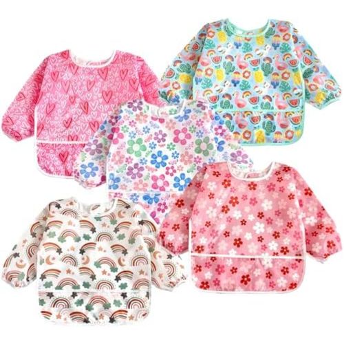 PandaEar 5 Pack Baby Long Sleeve Bibs| Waterproof Full Sleeve Bib for Baby Infant Toddler 6-36 Months