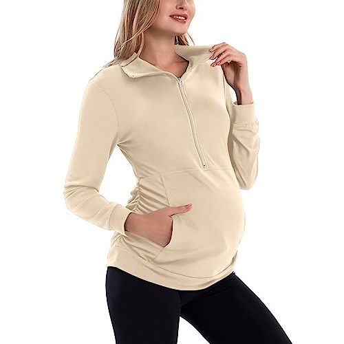 GINKANA Maternity Women's Long Sleeve Shirt Half Zipper Lapel Lightweight Casual Maternity Pullover with Pockets