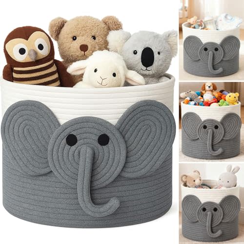 SIAHFNW Elephant Toy Storage Basket Cotton Rope Laundry Basket for Kids, Soft & Durable Toy Organizer with Handles for Nursery, Playroom, Baby Shower Gifts and Home Décor