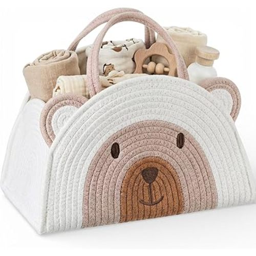 Large Baby Diaper Caddy Organizer Cute Bear Cotton Rope Empty Gift Basket for Baby Shower Newborn Essentials Nursery Storage Bin for Laundry Car Home Organizer, 14.6 x 10.6 x 8.7 Inch