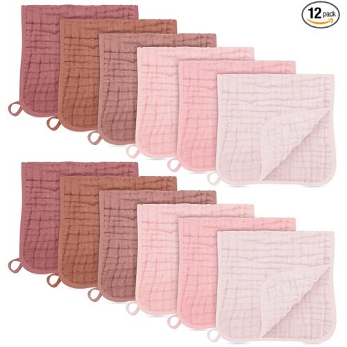 12 Pack Muslin Burp Cloths Large 100% Cotton Burping Clothes for Baby Drool - Absorbent and Soft Boys & Girls Milk Spit Up Rags for Newborn Essentials Registry - Dewy Petal
