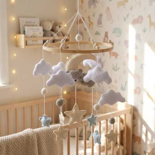 Handmade Felt Baby Mobile, Moon, Stars, Teddy Bear, Nursery Decor
