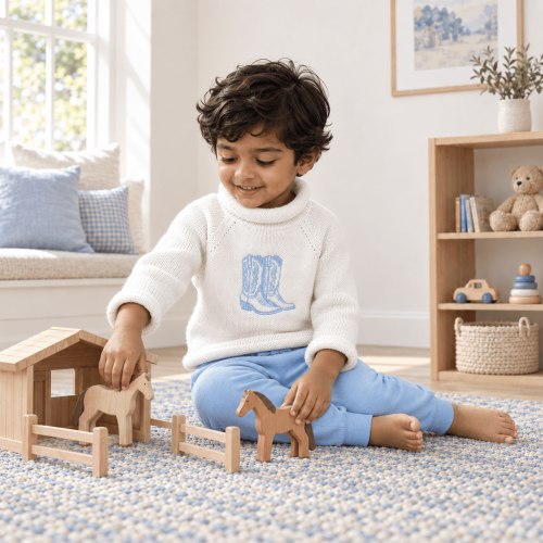 Boy Playwear Set - Darling Cowboy Boots Rollneck Sweater & Joggers - Light Blue